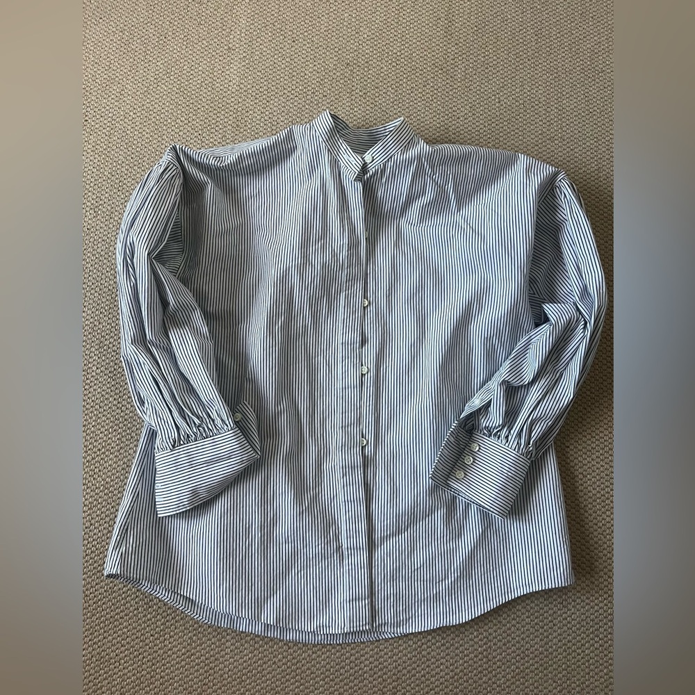 ANN MASHBURN Blue and White Striped Cotton Button-Down Shirt